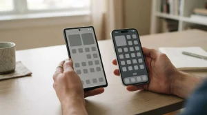 Persona comparando aplicaciones de apuestas en móvil Android e iOS sobre mesa de trabajo