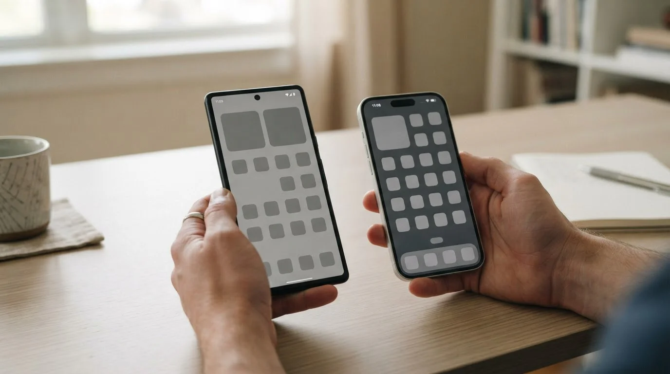 Persona comparando aplicaciones de apuestas en móvil Android e iOS sobre mesa de trabajo