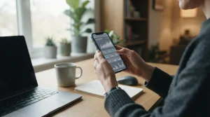 Persona analizando aplicaciones de apuestas móviles en smartphone con conexión de datos