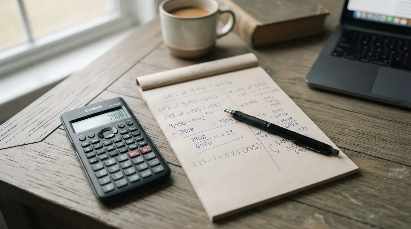 Calculadora y hoja con cálculos de márgenes y porcentajes