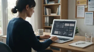 Escritorio con dispositivo mostrando interfaz abstracta de regulación de apuestas en España