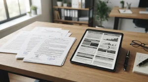 Vista cenital de documentación oficial y tablet mostrando el marco regulatorio de apuestas en España