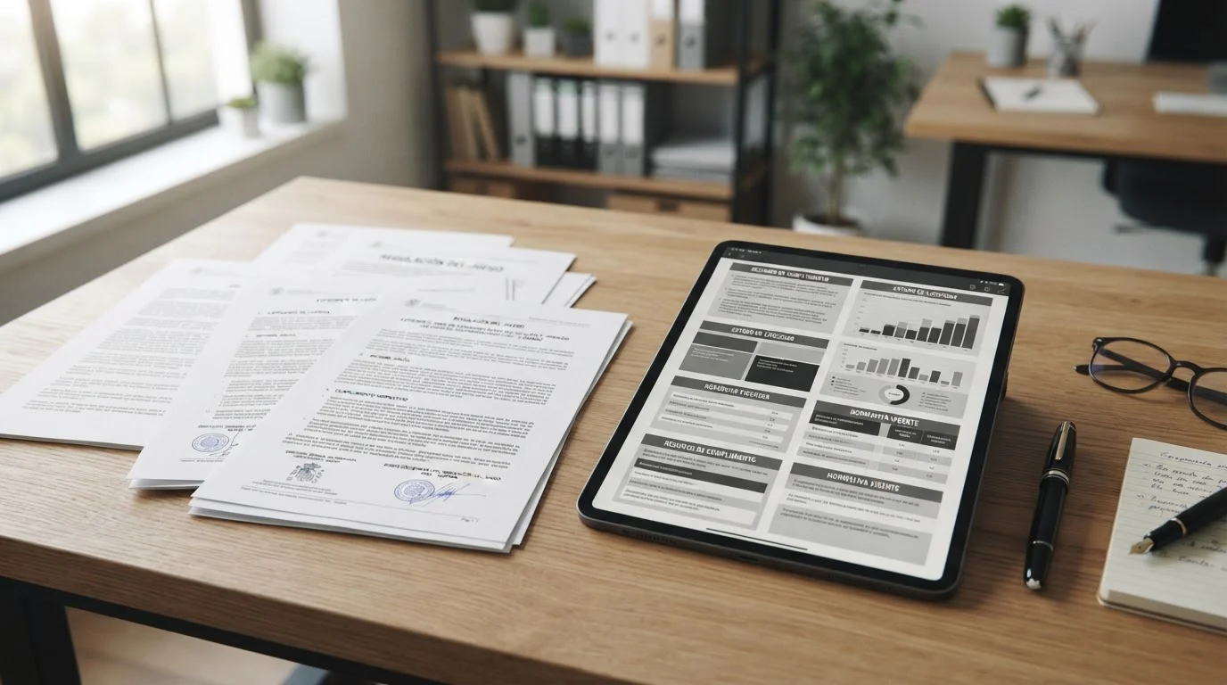 Vista cenital de documentación oficial y tablet mostrando el marco regulatorio de apuestas en España