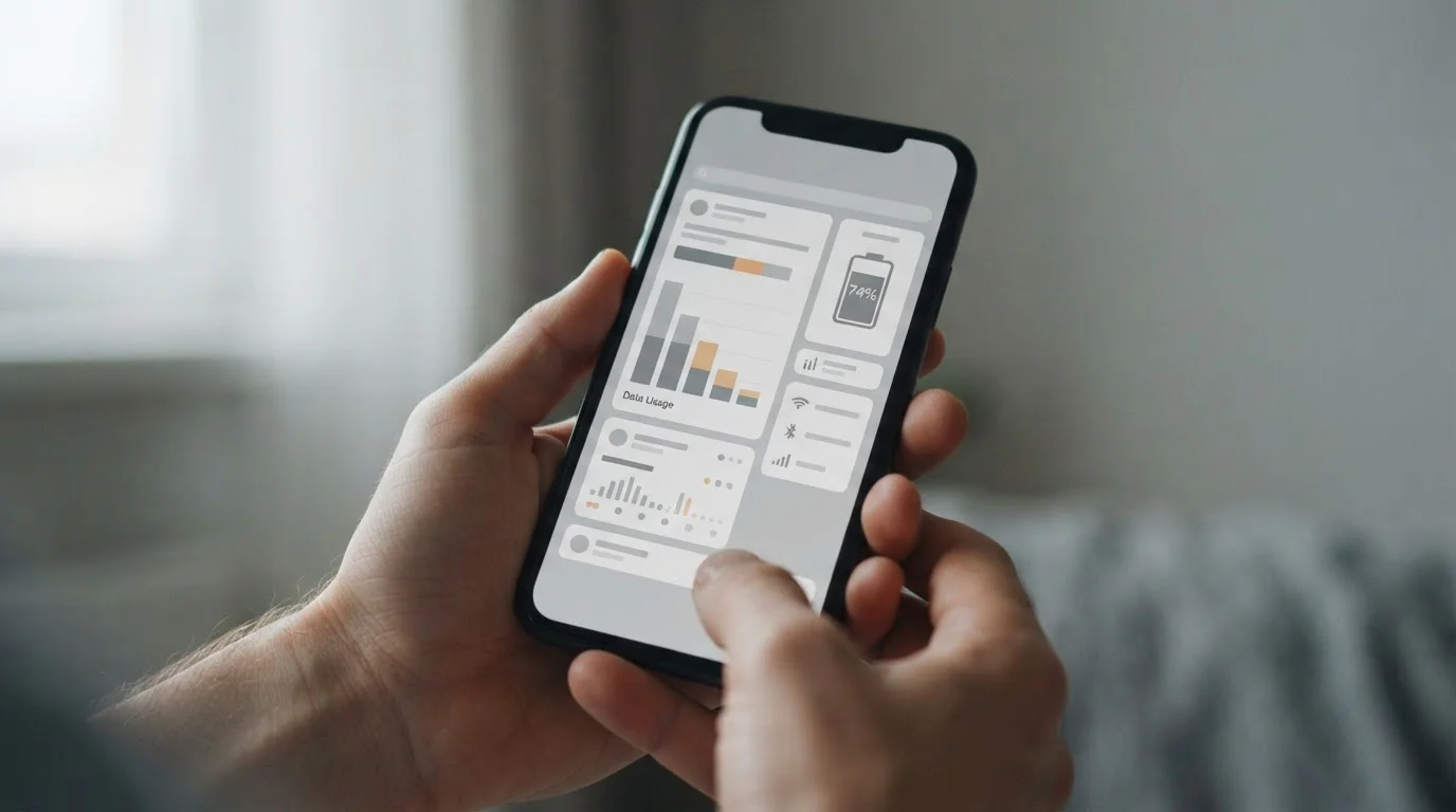 Smartphone mostrando consumo de datos y nivel de batería durante uso de aplicación