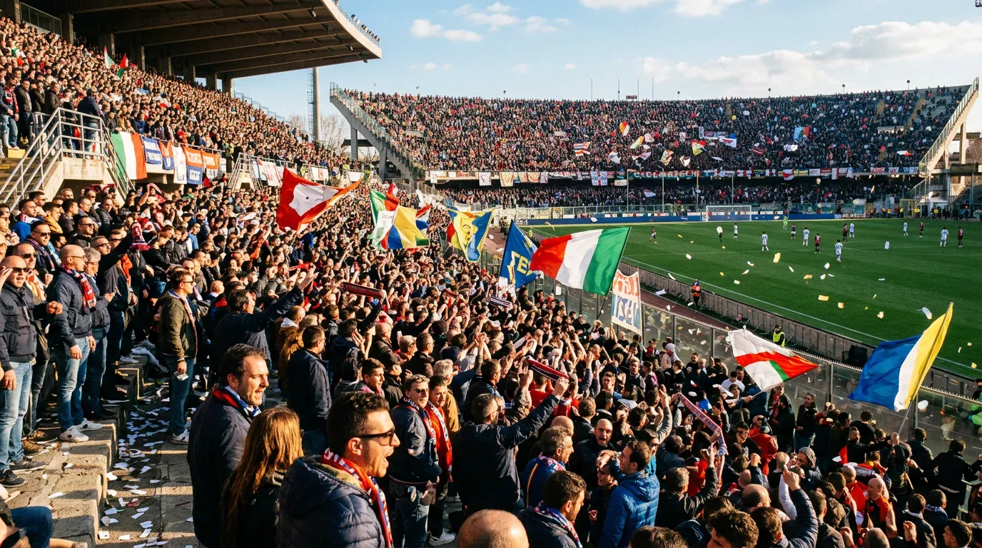 Grada llena de aficionados en un estadio de la Serie A durante un partido de fútbol