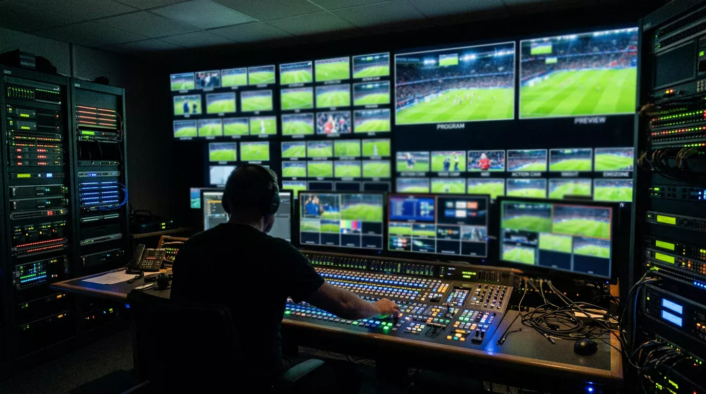 Sala de control de producción televisiva durante la retransmisión en directo de un partido de fútbol italiano