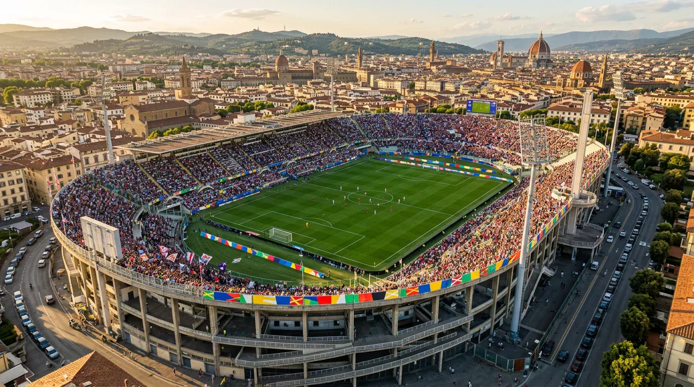 Vista panorámica de un estadio italiano lleno con logotipos de patrocinadores en el campo de fútbol