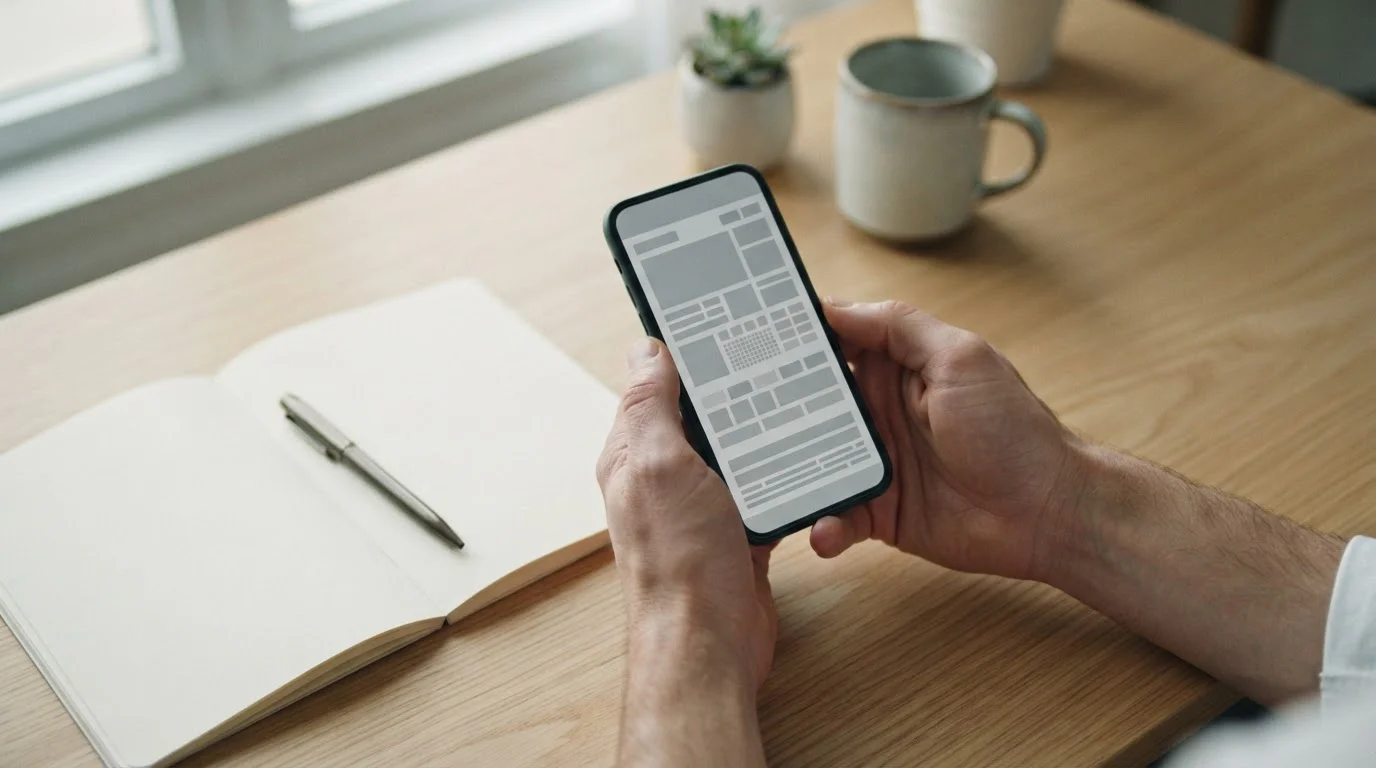 Persona analizando aplicaciones de apuestas en smartphone sobre mesa de trabajo con luz natural